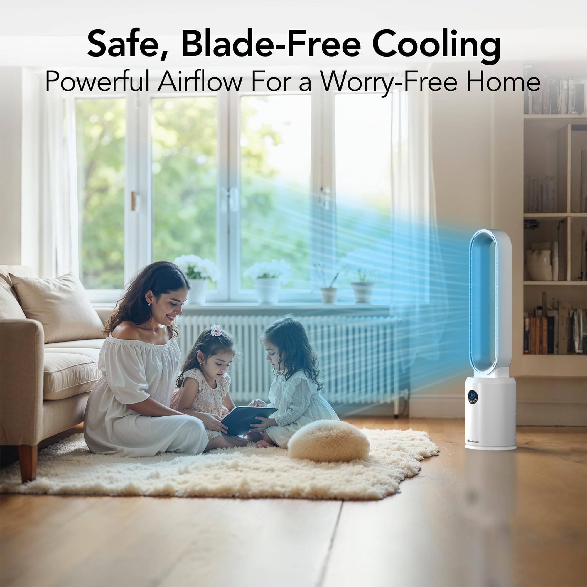 Comfort Zone bladeless tower fan rear view highlights compact footprint for corners.