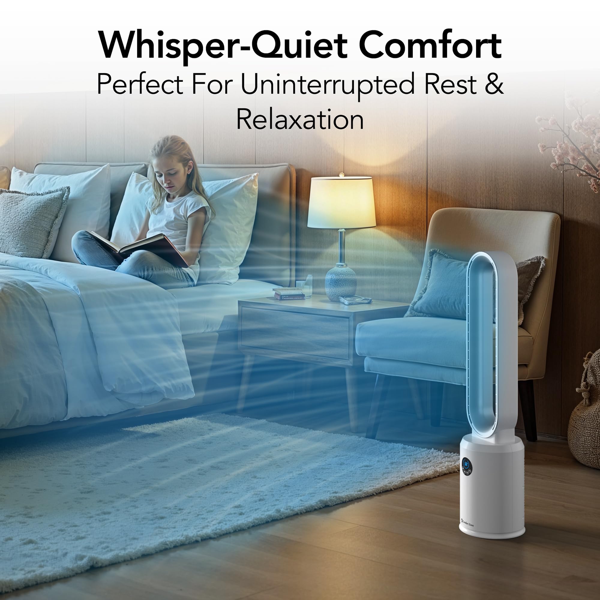 Comfort Zone bladeless tower fan remote control keeps cooling at hand.