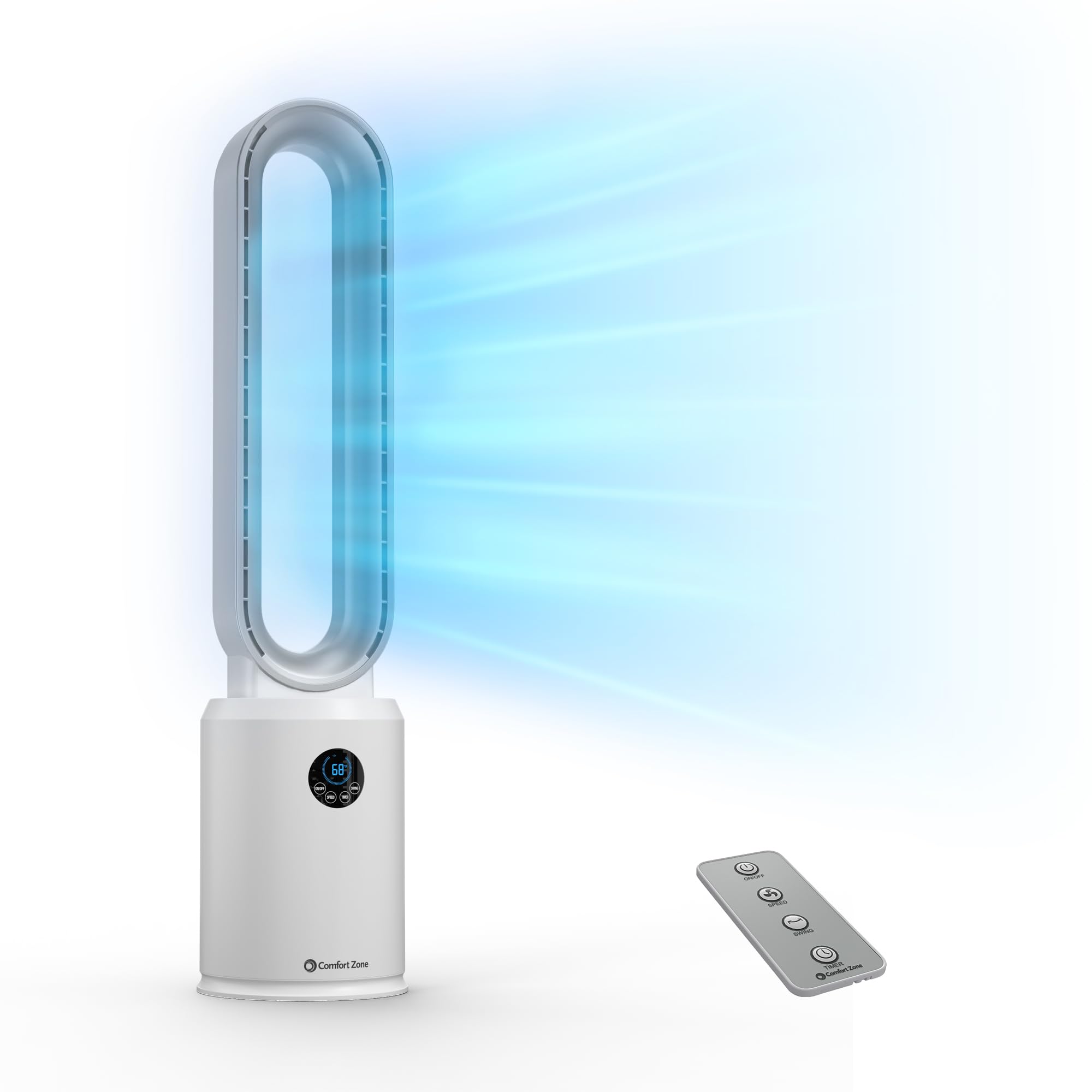 Comfort Zone bladeless tower fan side profile showcases slim, space-saving design.