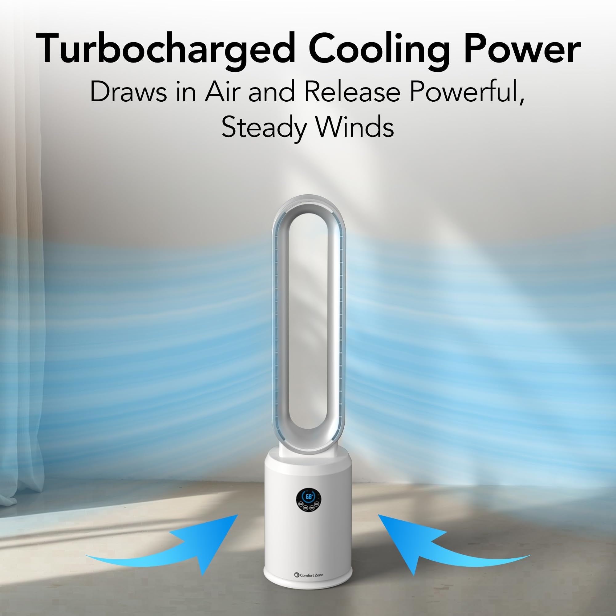 Comfort Zone bladeless tower fan wide oscillation circulates air across the room.