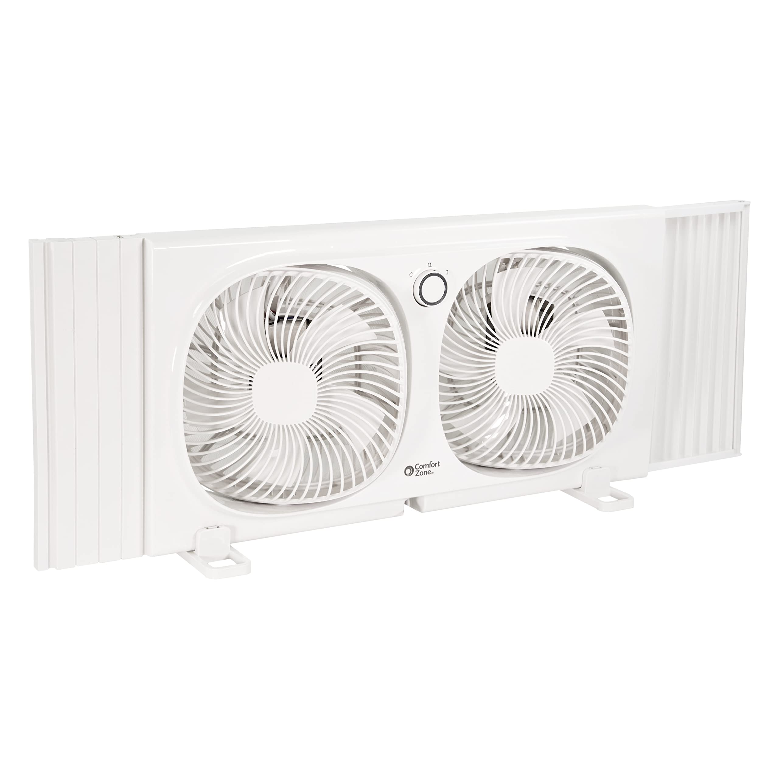 Comfort Zone 9-Inch twin window fan with two heads for customizable airflow.