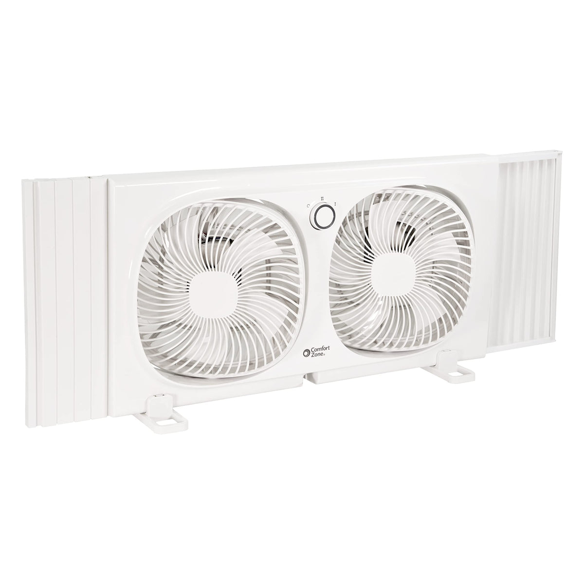 Comfort Zone 9-Inch twin window fan with two heads for customizable airflow.