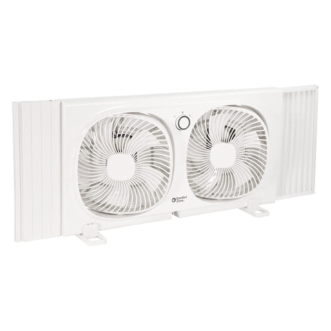 Comfort Zone 9-Inch twin window fan with two heads for customizable airflow.