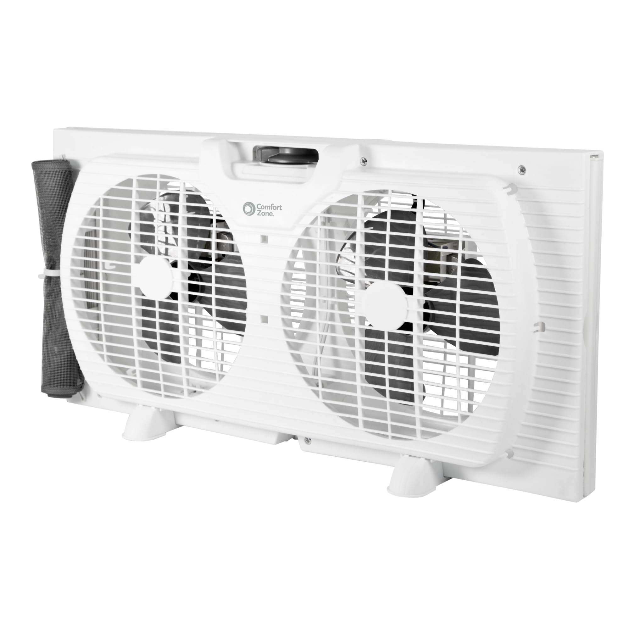 Comfort Zone 9-Inch twin window fan with dual blades delivering steady airflow.