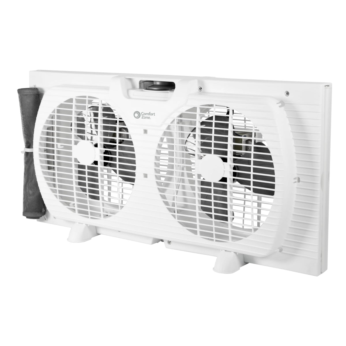 Comfort Zone 9-Inch twin window fan with dual blades delivering steady airflow.