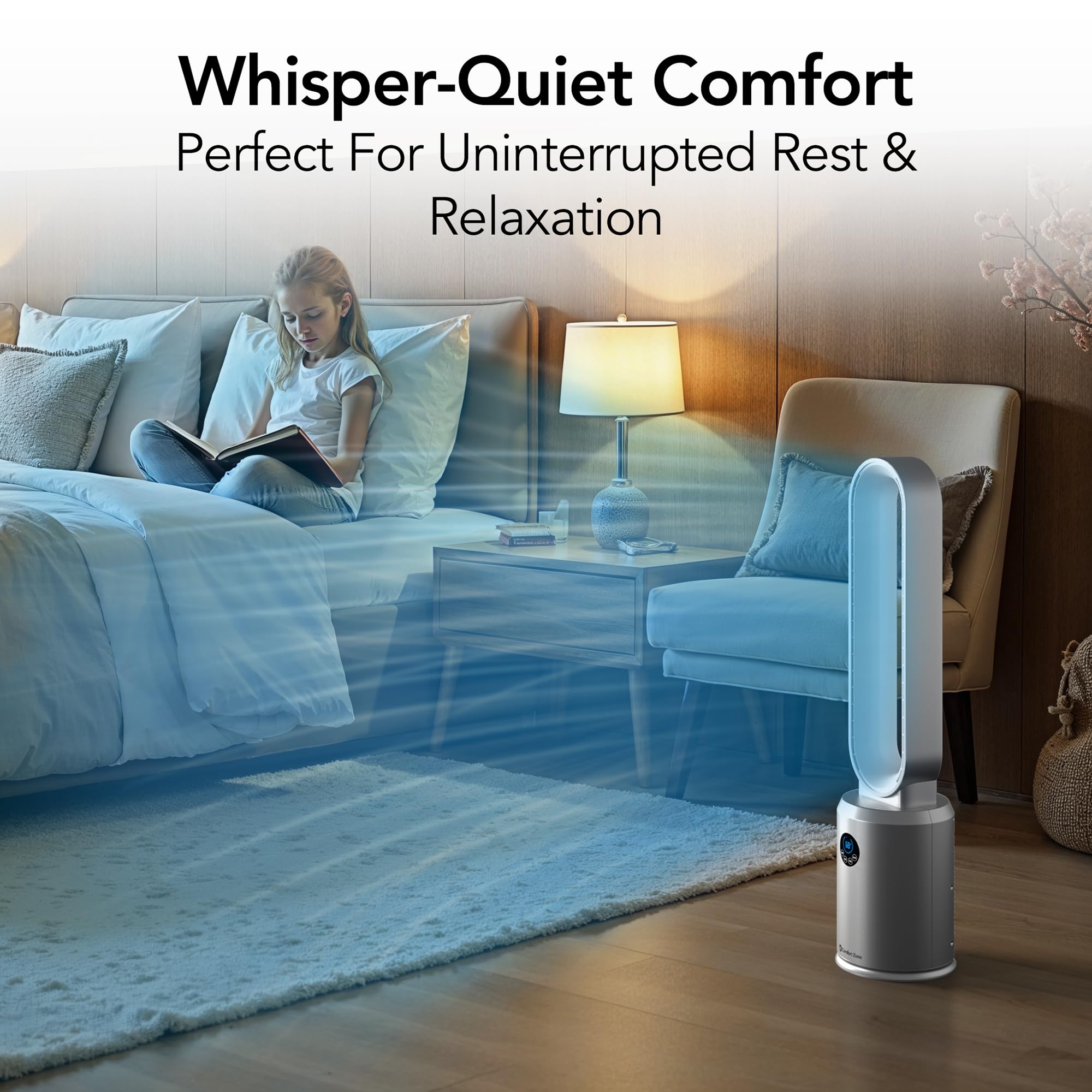 Comfort Zone 40-inch bladeless fan three-speed settings tailor cooling.