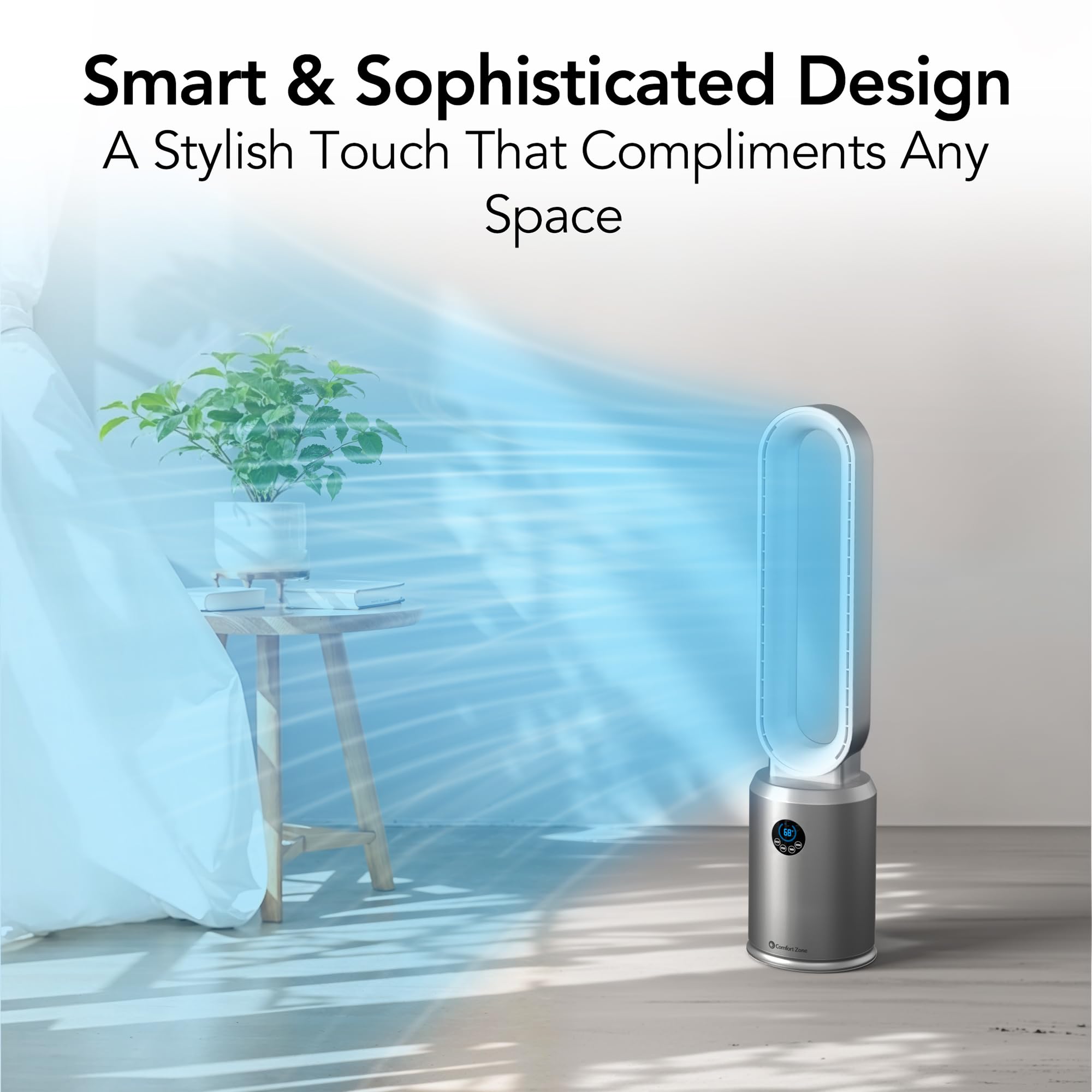 Comfort Zone 40-inch bladeless fan remote-control image enables easy bed- or couch-side operation.
