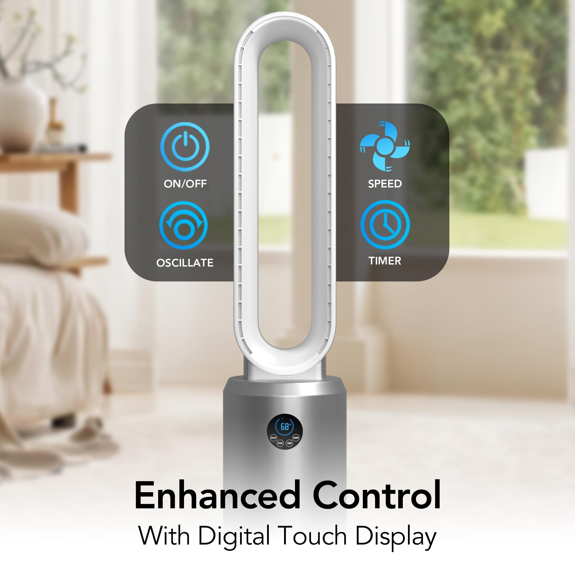 Comfort Zone 40-inch bladeless fan timer control illustrates 9-hour scheduling.