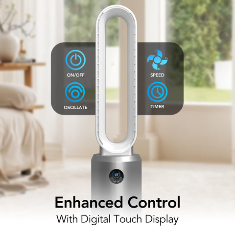 Comfort Zone 40-inch bladeless fan timer control illustrates 9-hour scheduling.