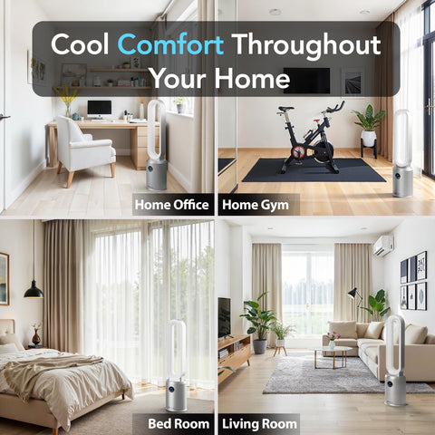 Comfort Zone 40-inch bladeless fan wide-oscillation demonstrates full-room air circulation.