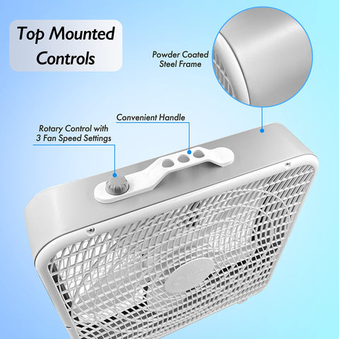 Comfort Zone box fan 3-speed control highlights customizable airflow.