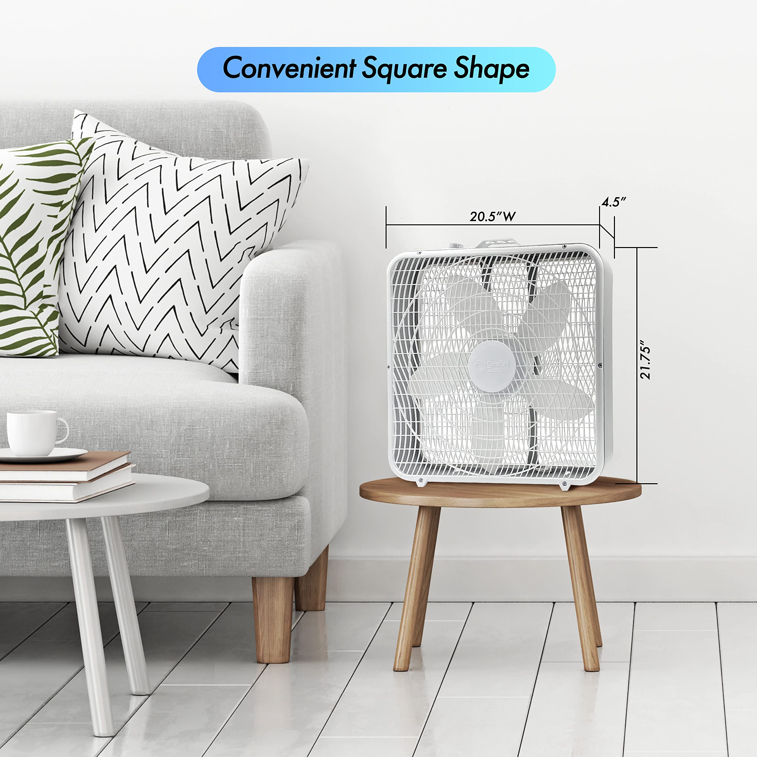 Comfort Zone box fan in bedroom delivers steady cooling and airflow.