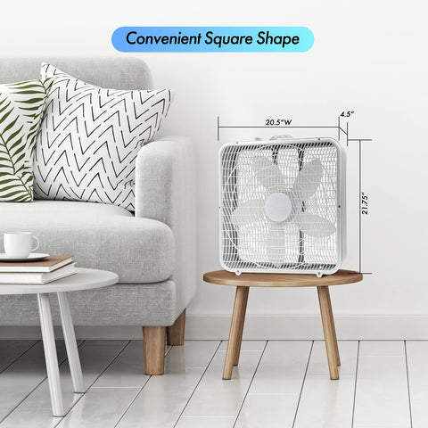 Comfort Zone box fan in bedroom delivers steady cooling and airflow.