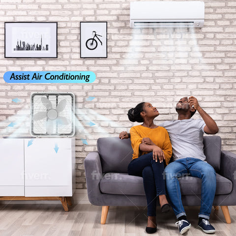 Comfort Zone box fan with carry handle facilitates easy relocation.
