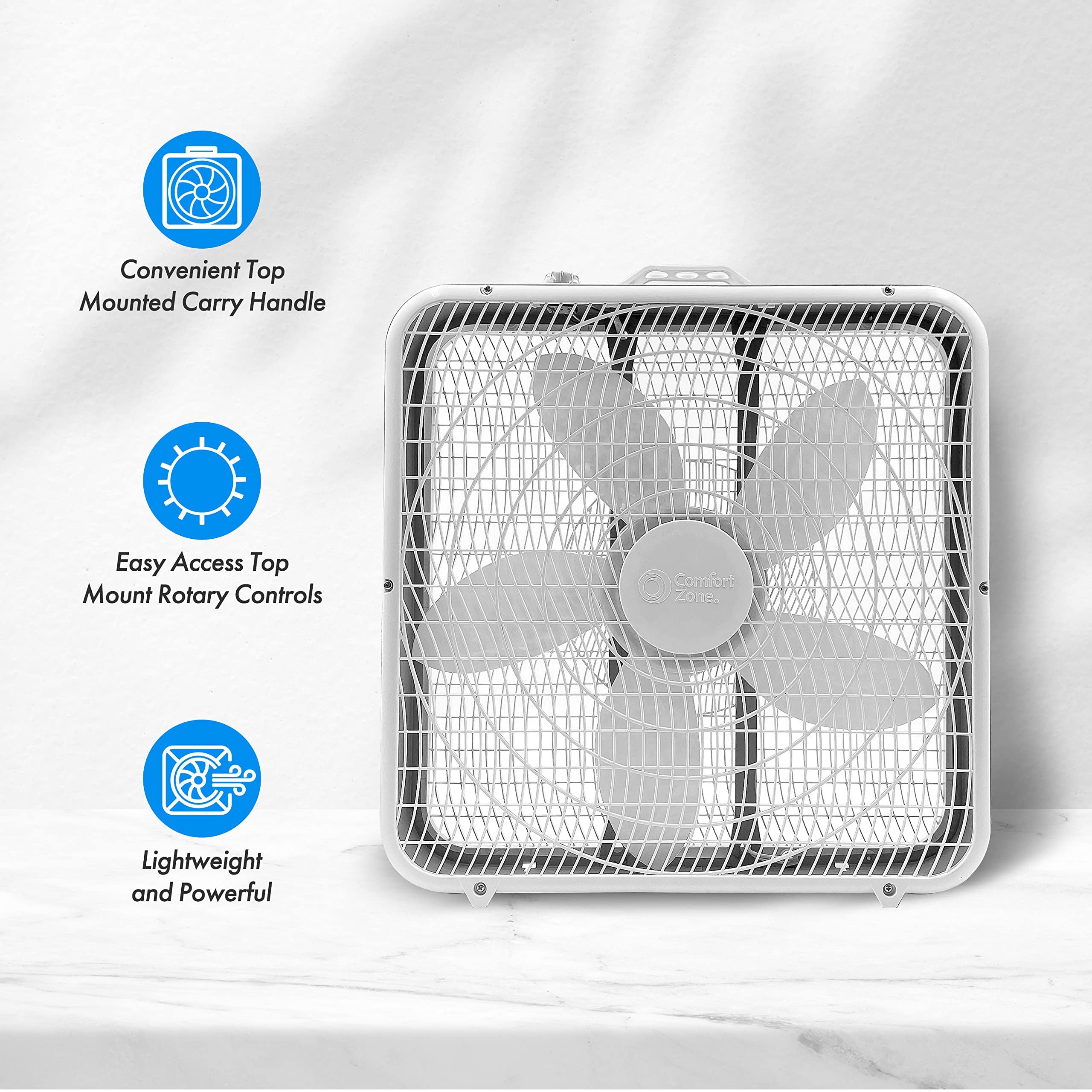 Comfort Zone box fan easy setup supports tool-free placement.