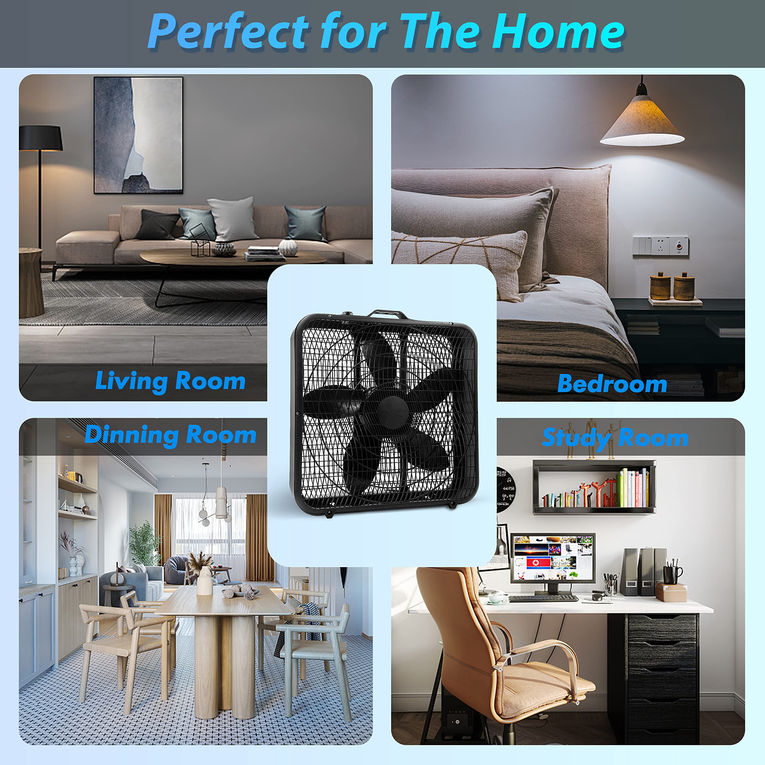 Comfort Zone box fan operates quietly for bedrooms or offices.