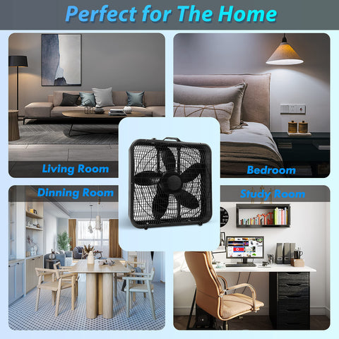 Comfort Zone box fan operates quietly for bedrooms or offices.