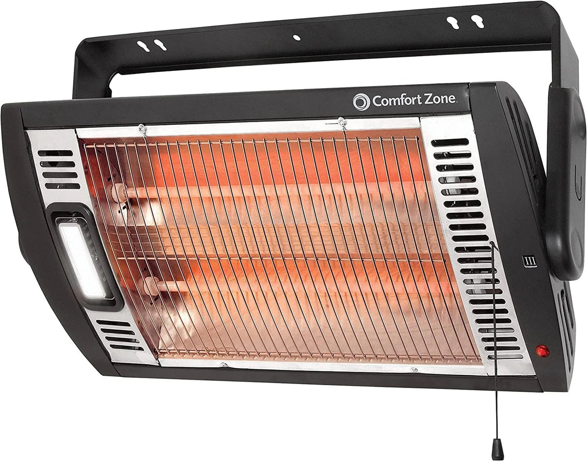 Comfort Zone ceiling-mounted dual quartz heater directs radiant warmth to the workspace.
