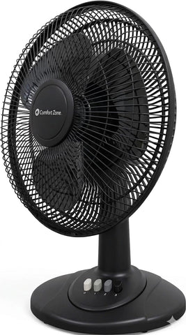 Comfort Zone CZ121BK oscillating table fan for wide-area cooling in bedrooms and offices.