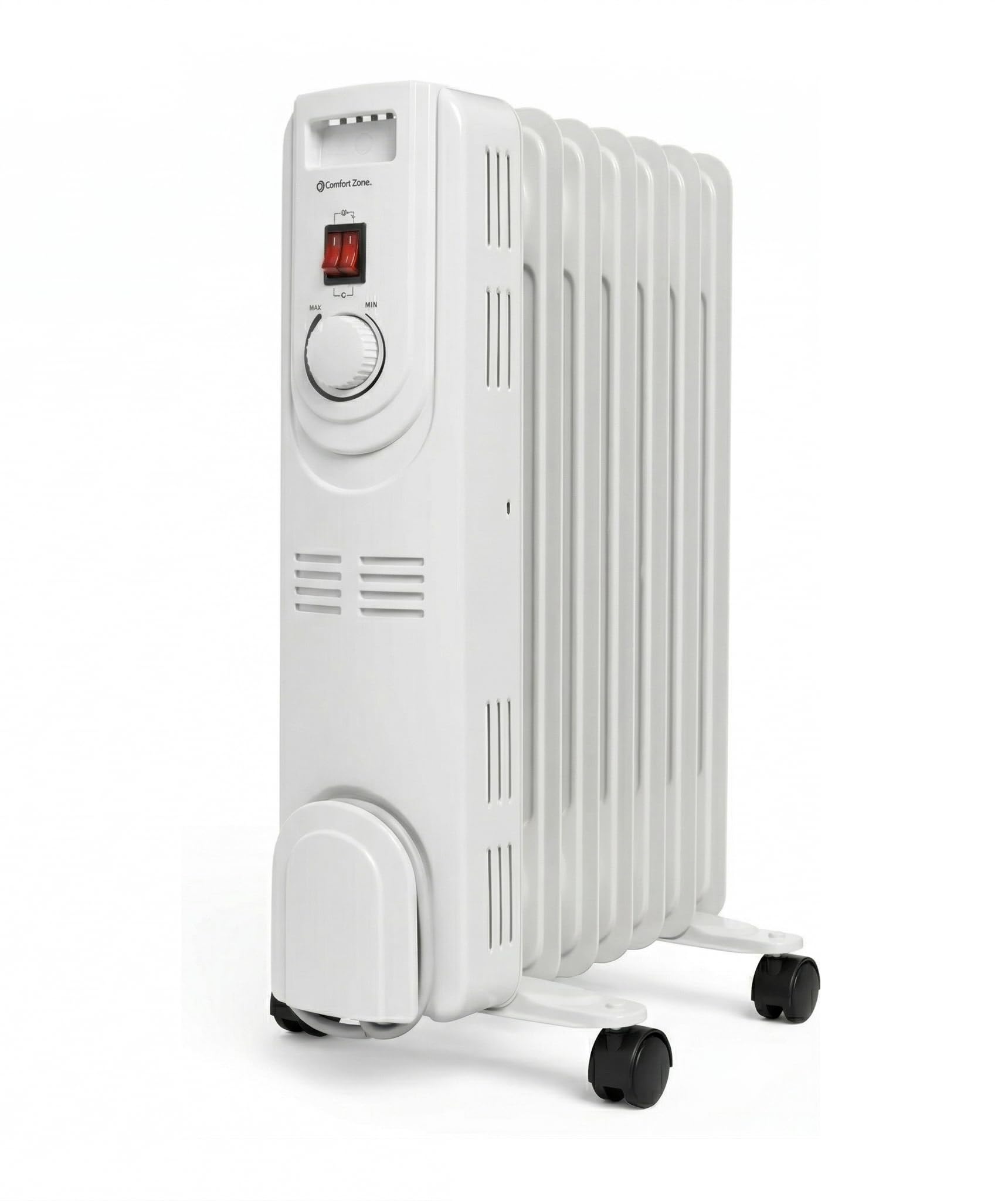 Comfort Zone electric oil-filled radiator front view, compact, quiet warmth for homes.