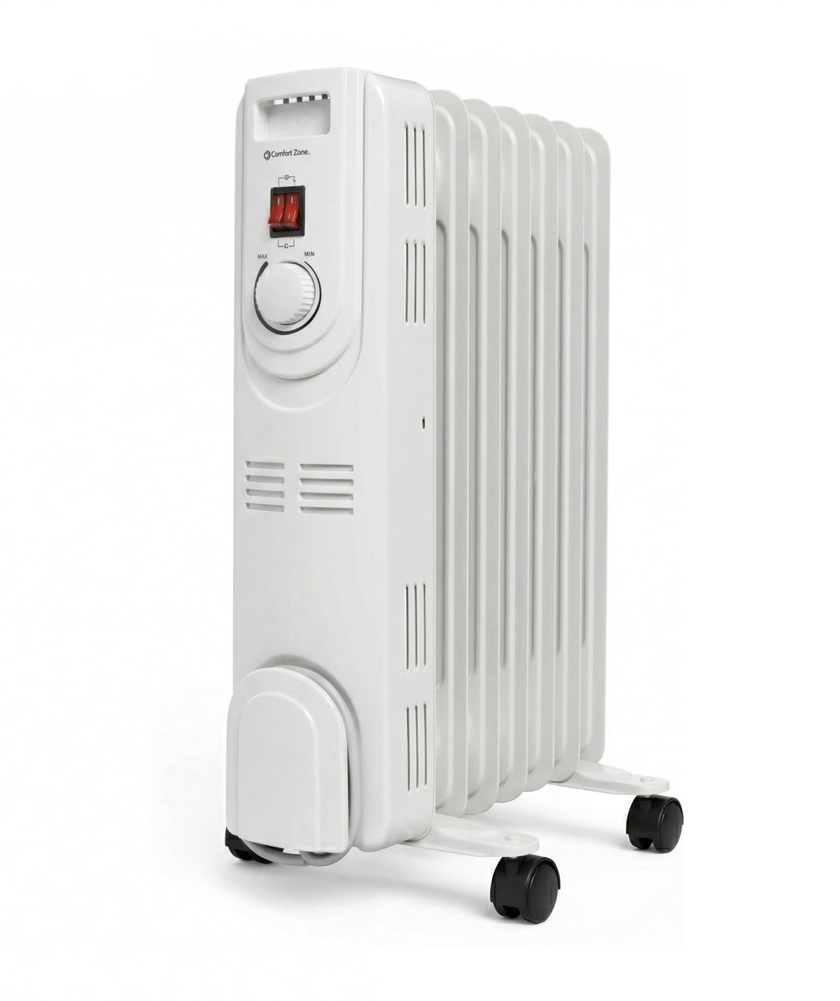 Comfort Zone electric oil-filled radiator front view, compact, quiet warmth for homes.