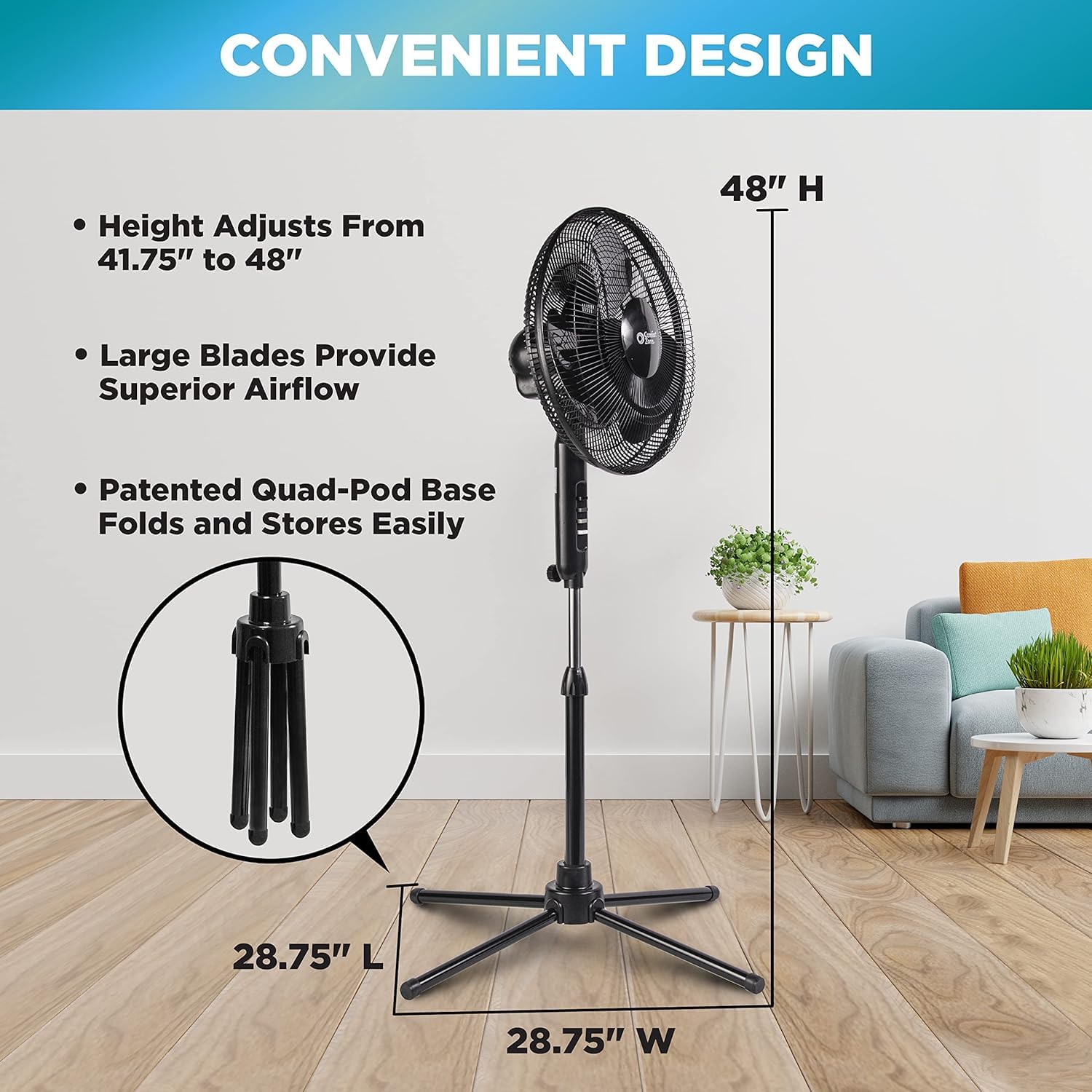 Comfort Zone adjustable height from 41 to 47 inches for versatile placement.