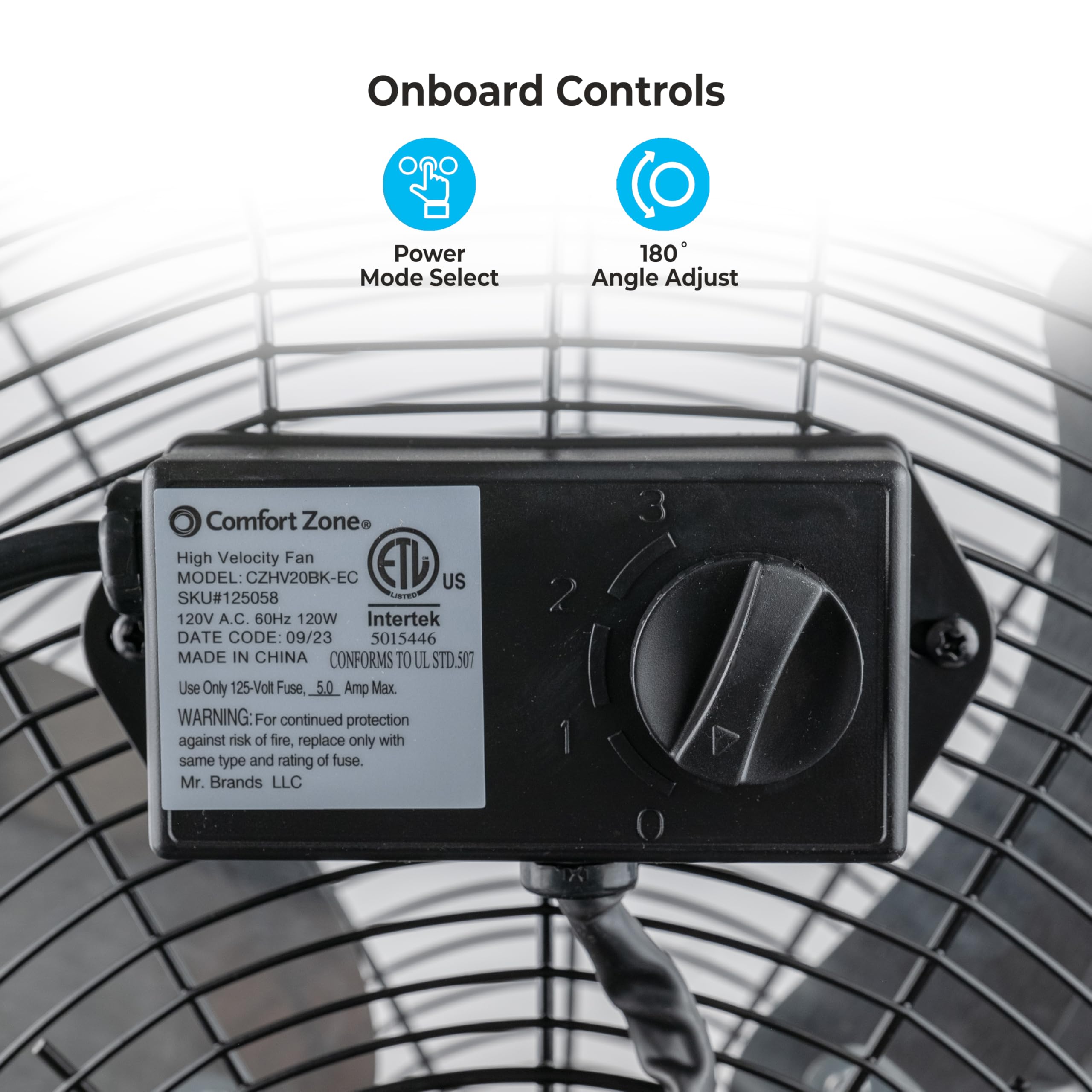 Comfort Zone industrial floor fan side tilt 180-degree view for precise airflow.