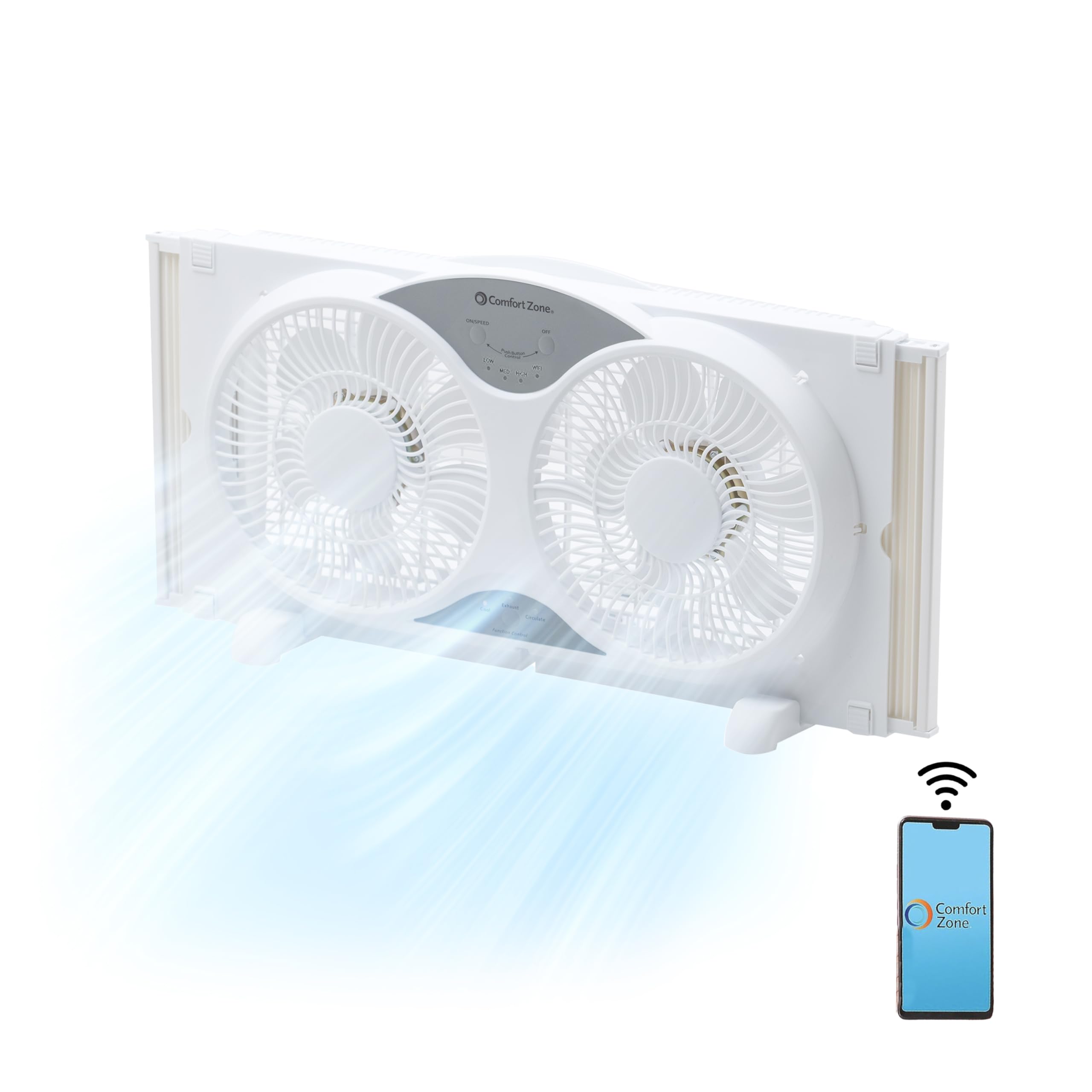 Comfort Zone LC319WS smart fan setup showing easy window installation and secure fit