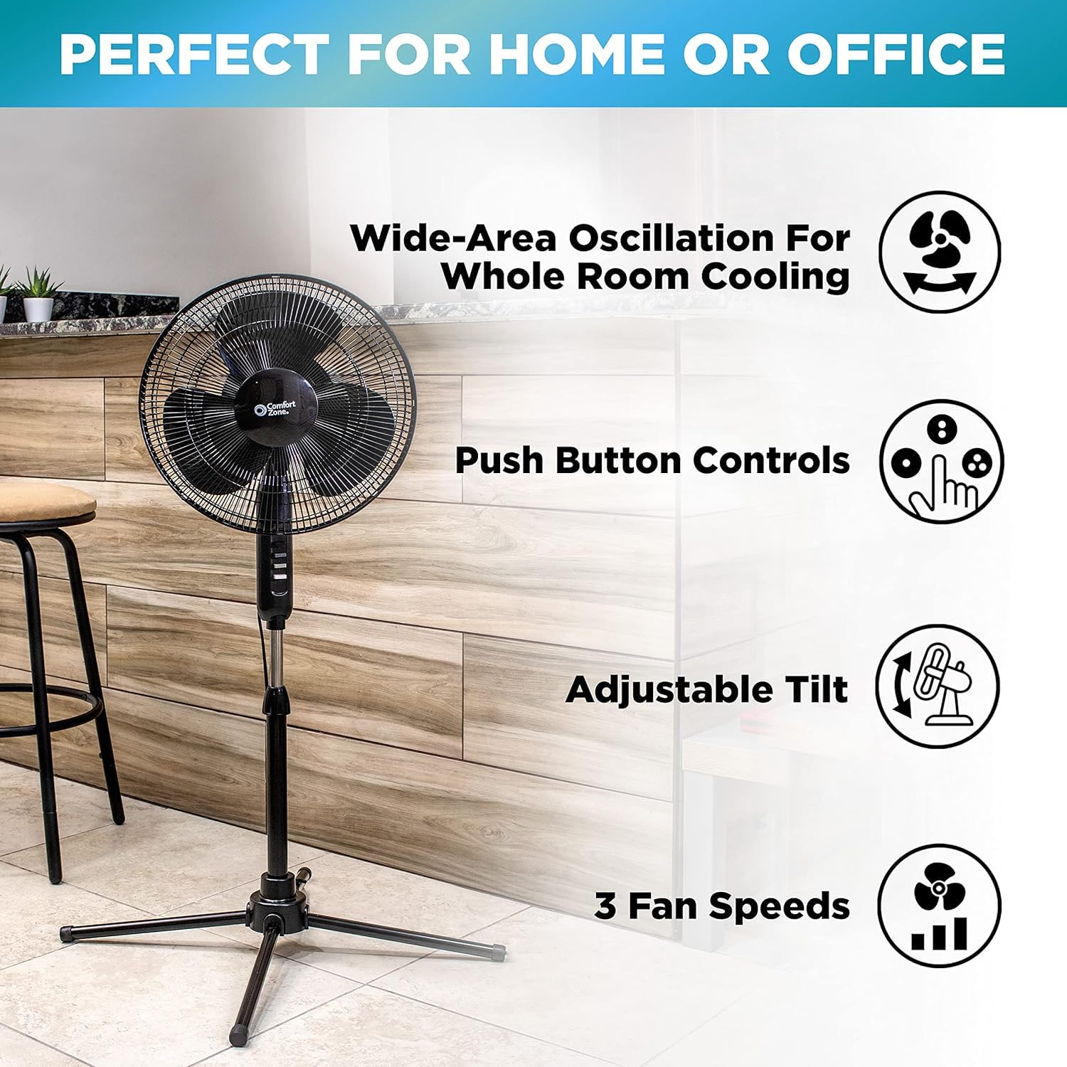 Comfort Zone pedestal fan with height adjustment and tilt control for precise airflow.