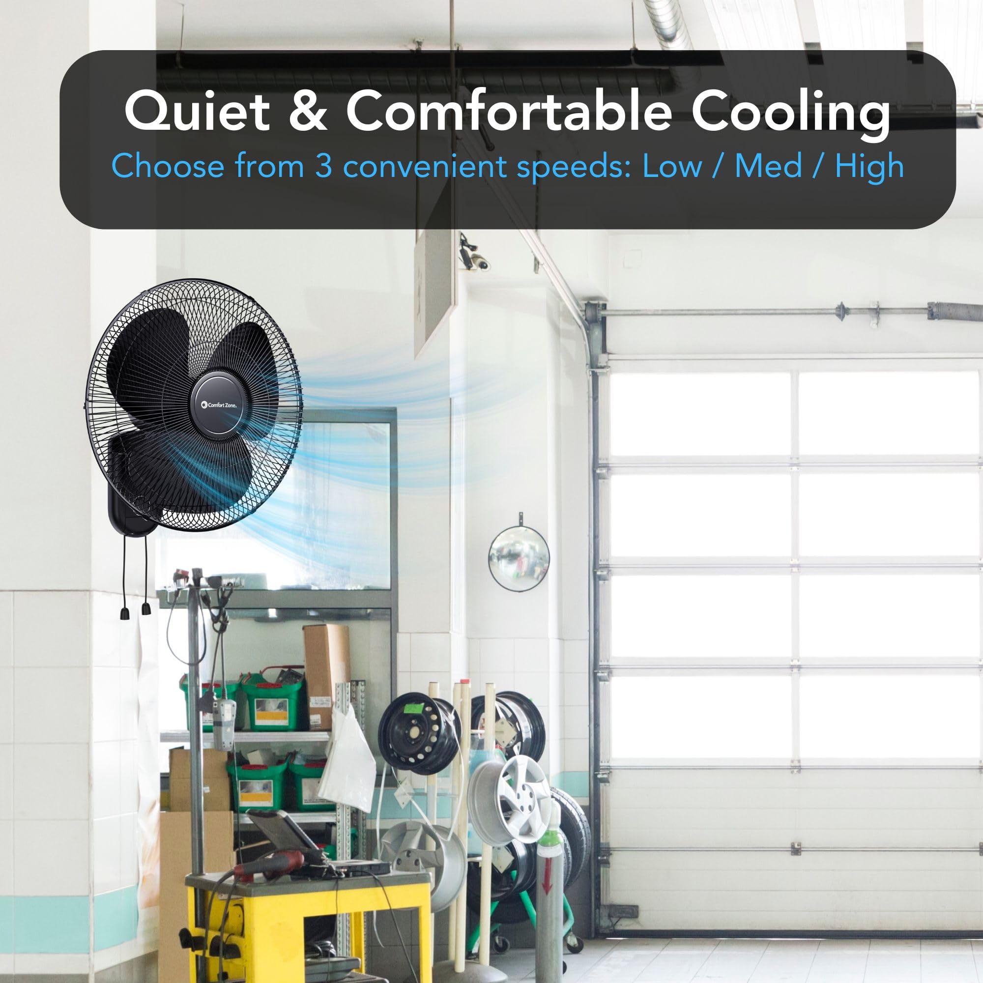 Comfort Zone pull-chain control for easy speed changes from a comfortable height