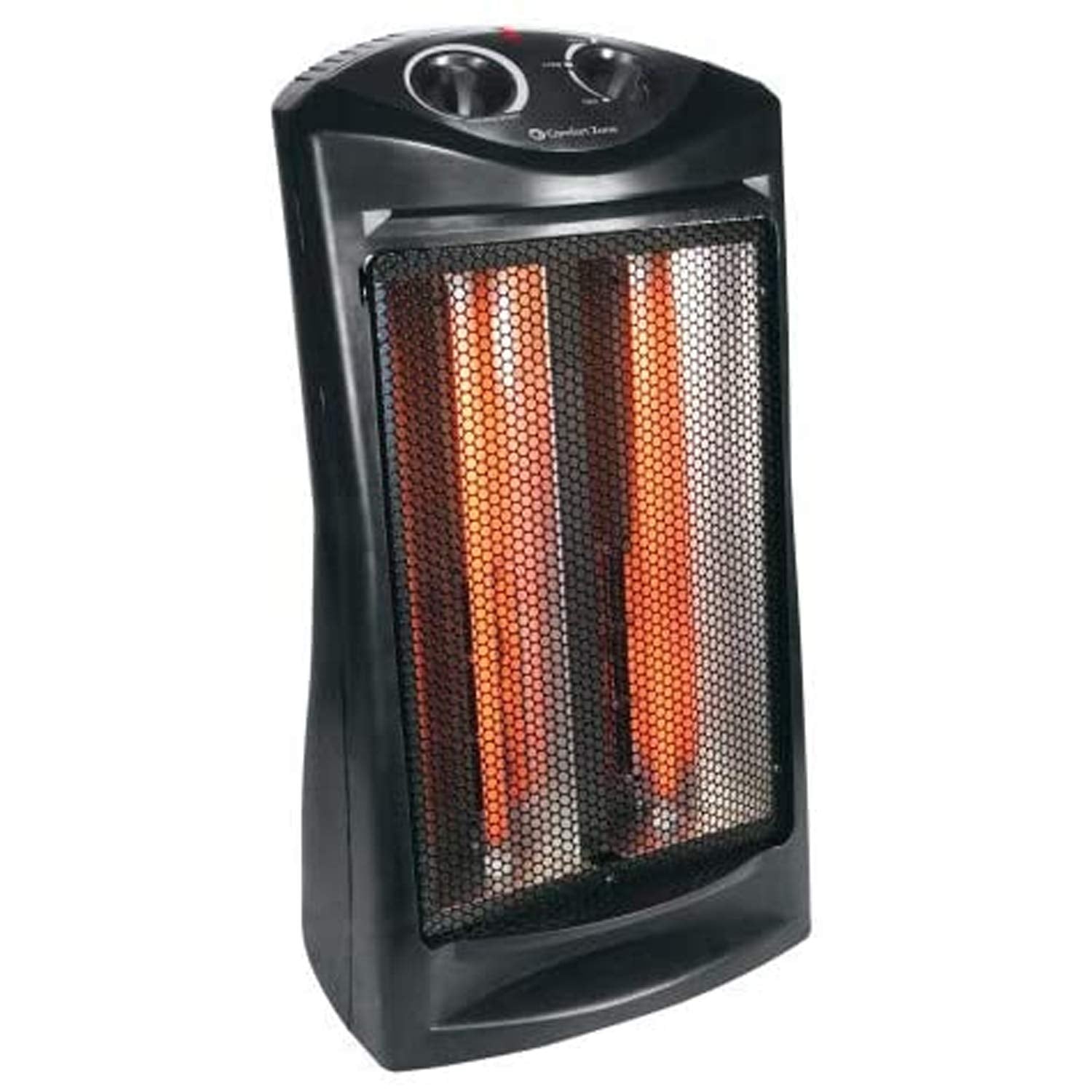 Comfort Zone quartz tower heater front view showing compact size and warm radiant heat.