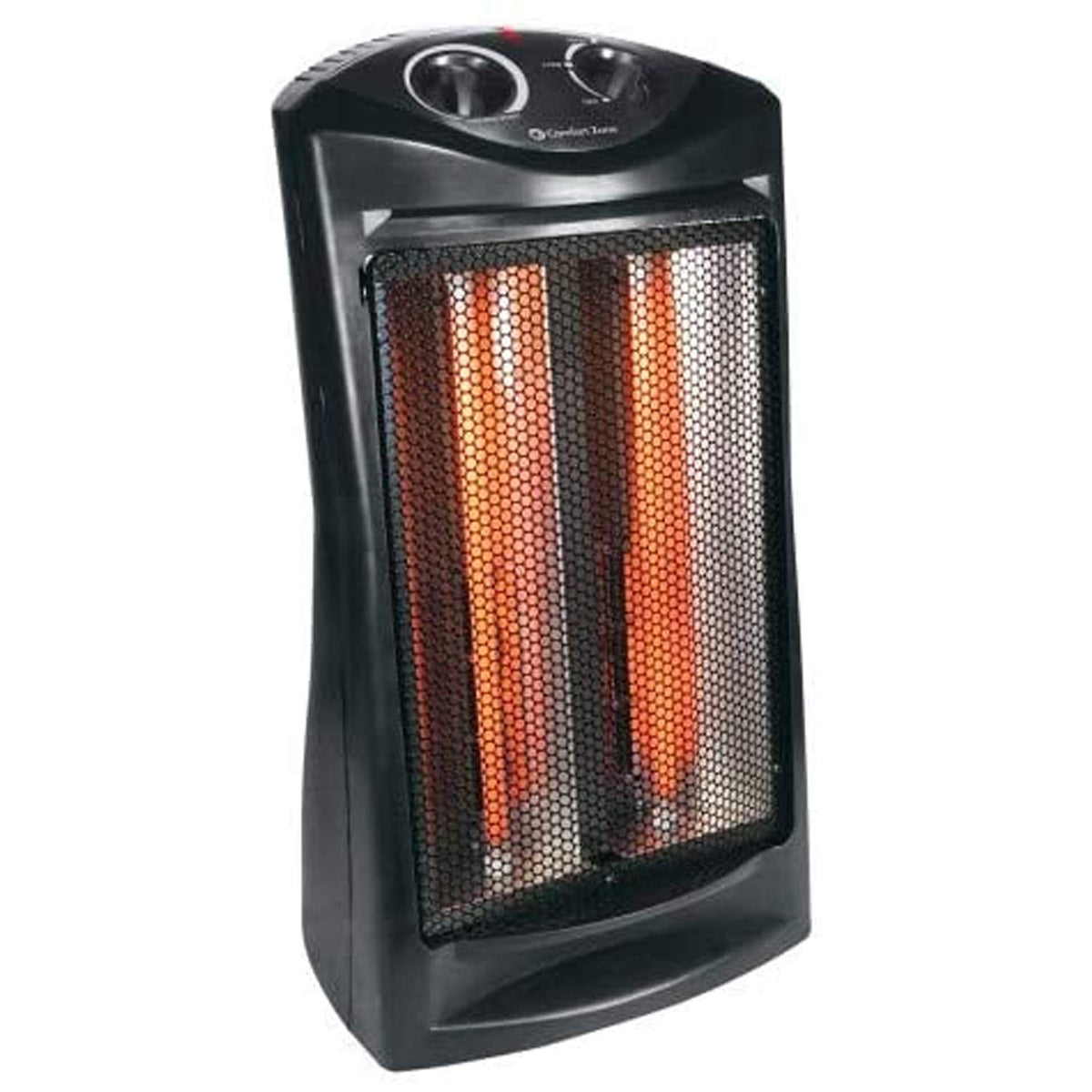 Comfort Zone quartz tower heater front view showing compact size and warm radiant heat.