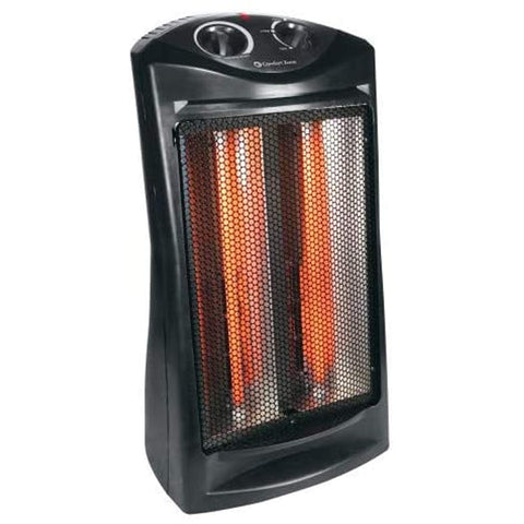 Comfort Zone quartz tower heater front view showing compact size and warm radiant heat.