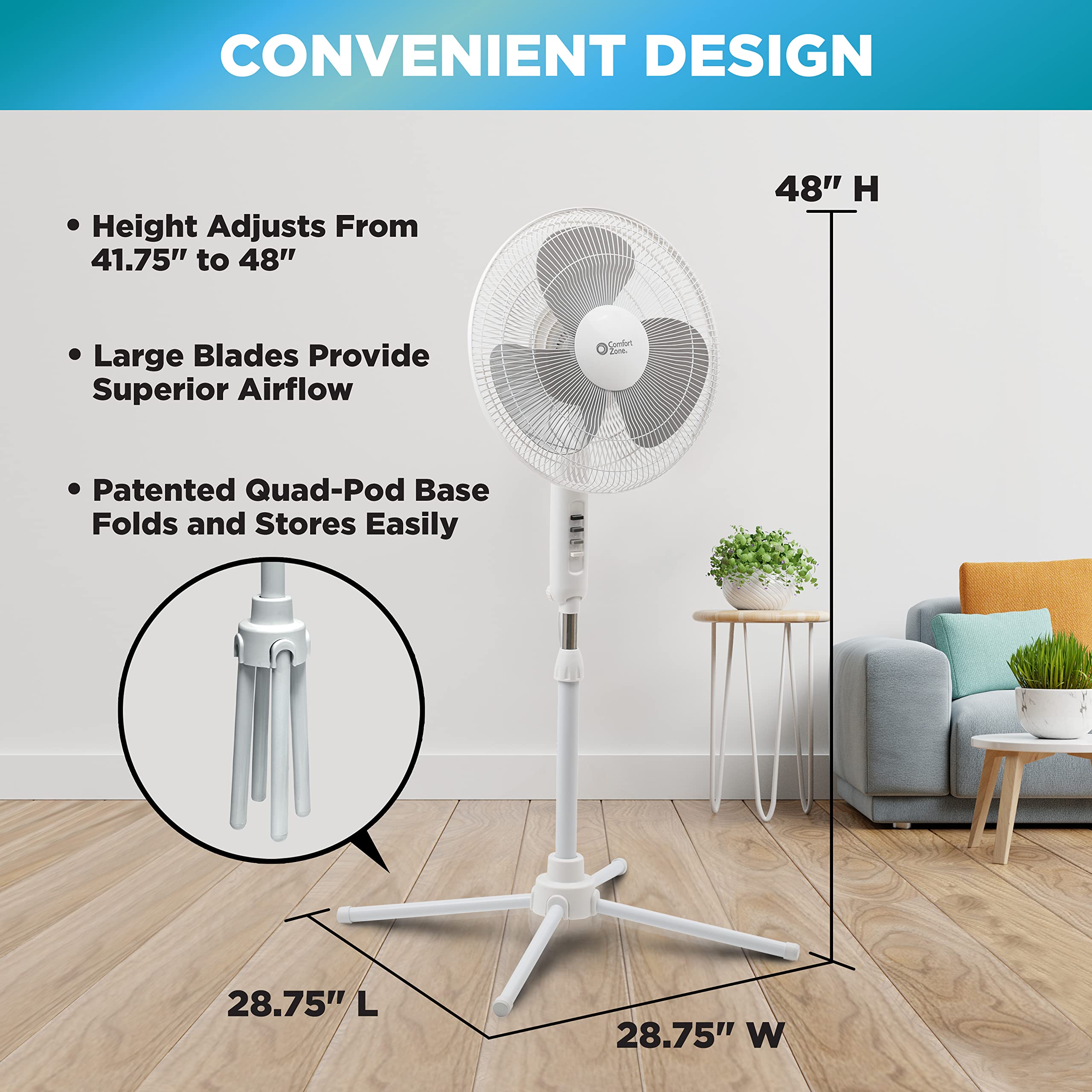 Comfort Zone stand fan quiet operation for bedroom.