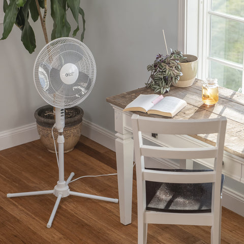 Comfort Zone stand fan height adjustment in use.