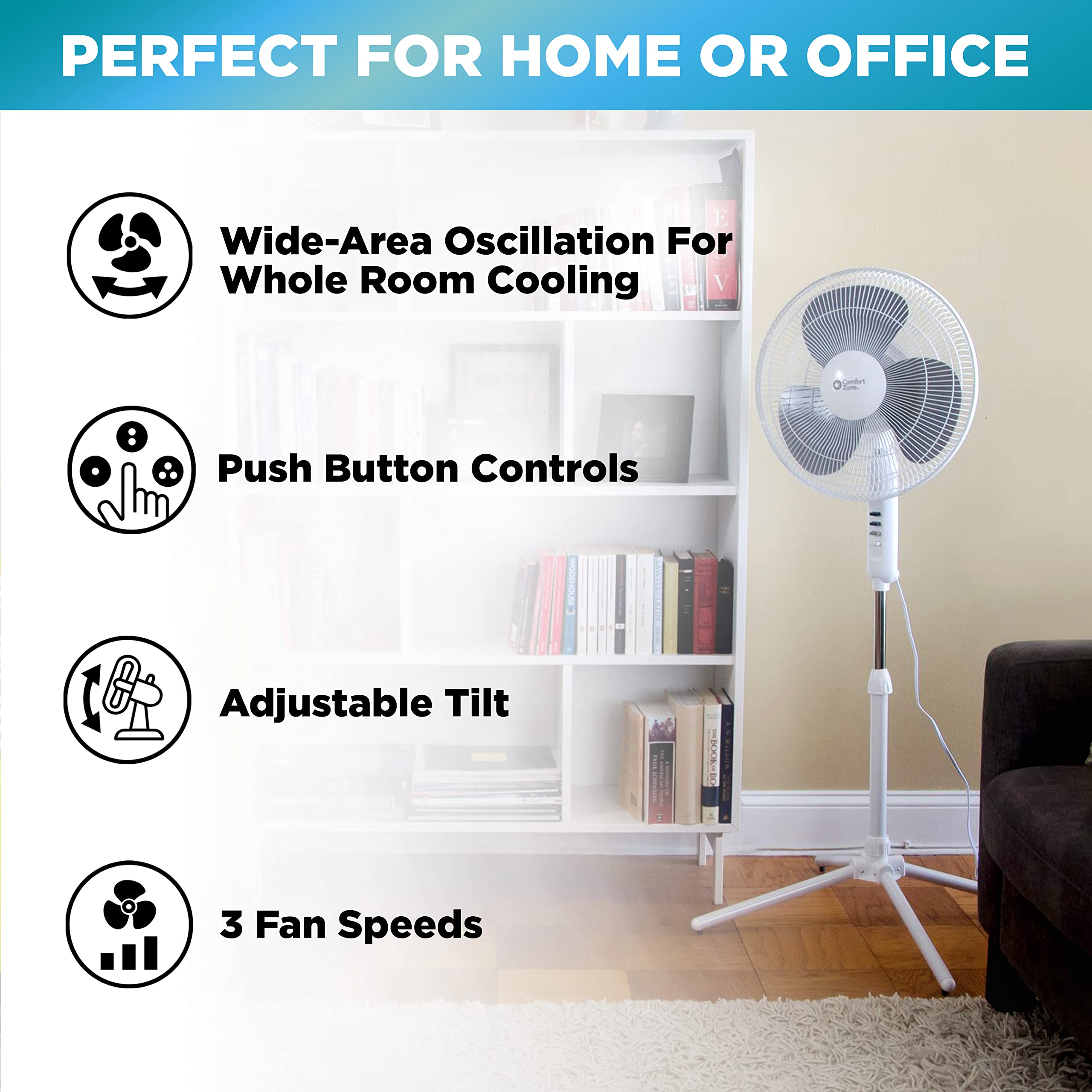 Comfort Zone stand fan 90-degree oscillation across room.