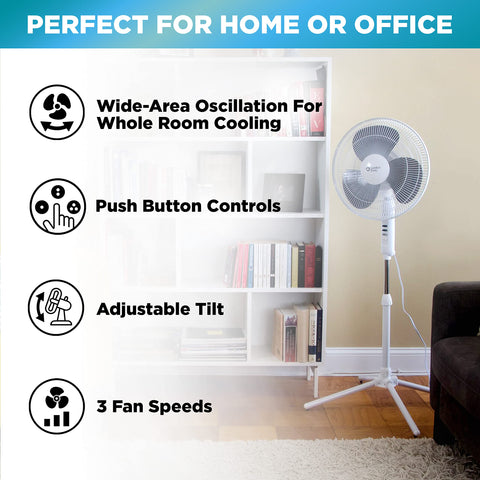 Comfort Zone stand fan 90-degree oscillation across room.
