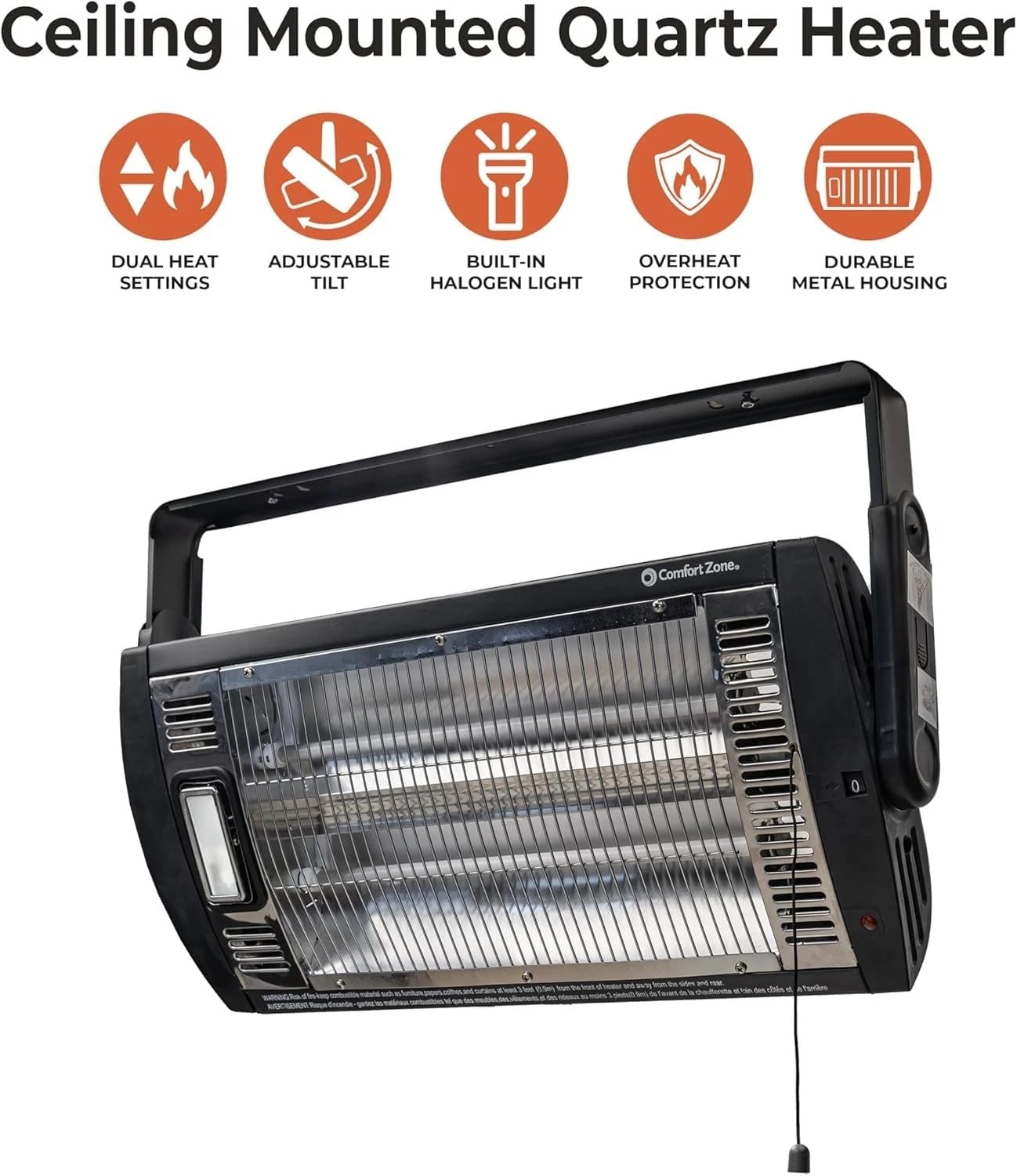 Comfort Zone 90-degree tilt adjustment enables targeted heat across tools and benches.