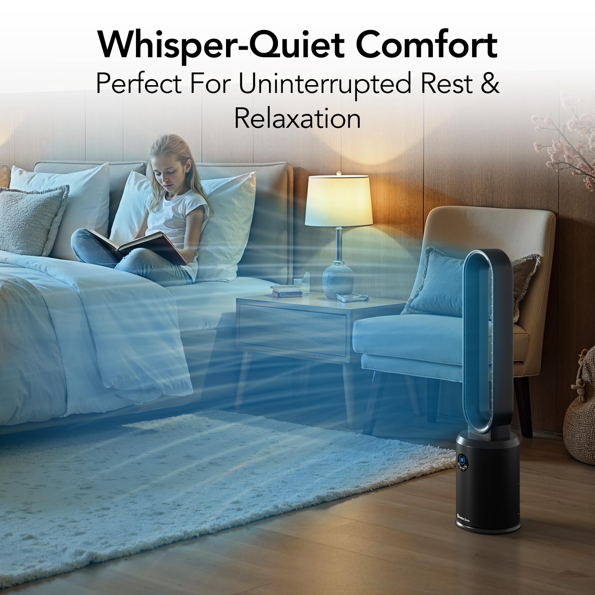 Comfort Zone tower fan in use with remote control for convenient bed-side operation.