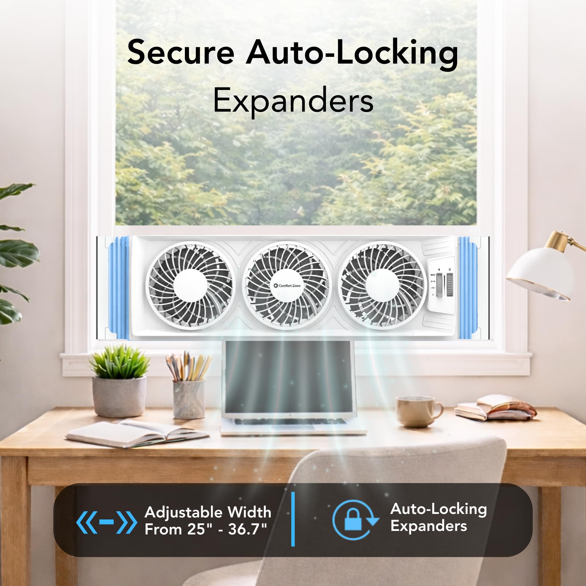 Comfort Zone triple window fan offers three-speed settings for customizable airflow.