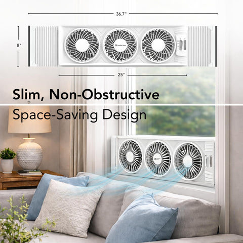 Comfort Zone triple window fan supports horizontal or vertical mounting for flexible installation.