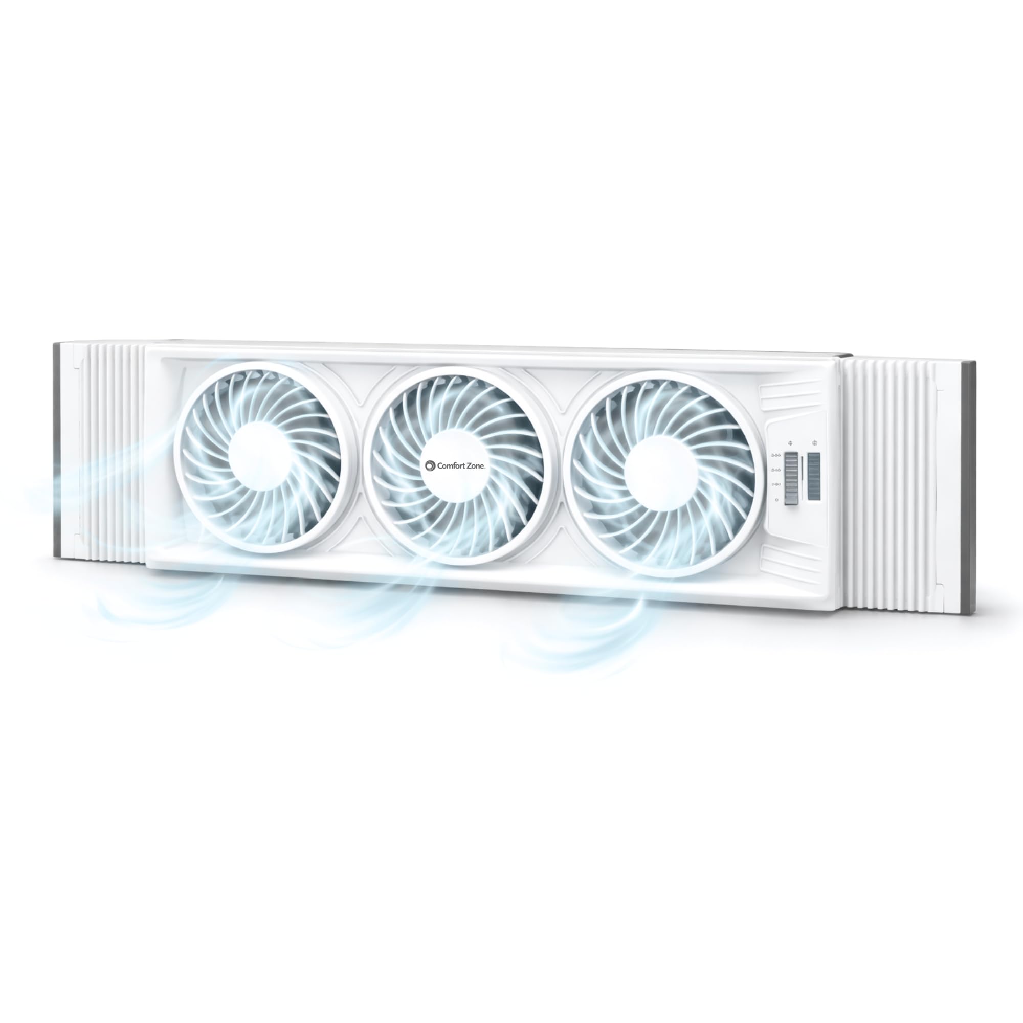 Comfort Zone triple window fan with thermostat dial enables precise cooling control.