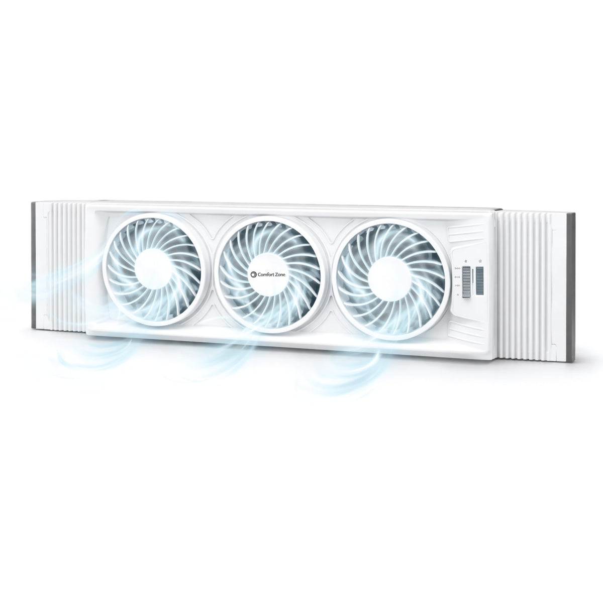 Comfort Zone triple window fan with thermostat dial enables precise cooling control.