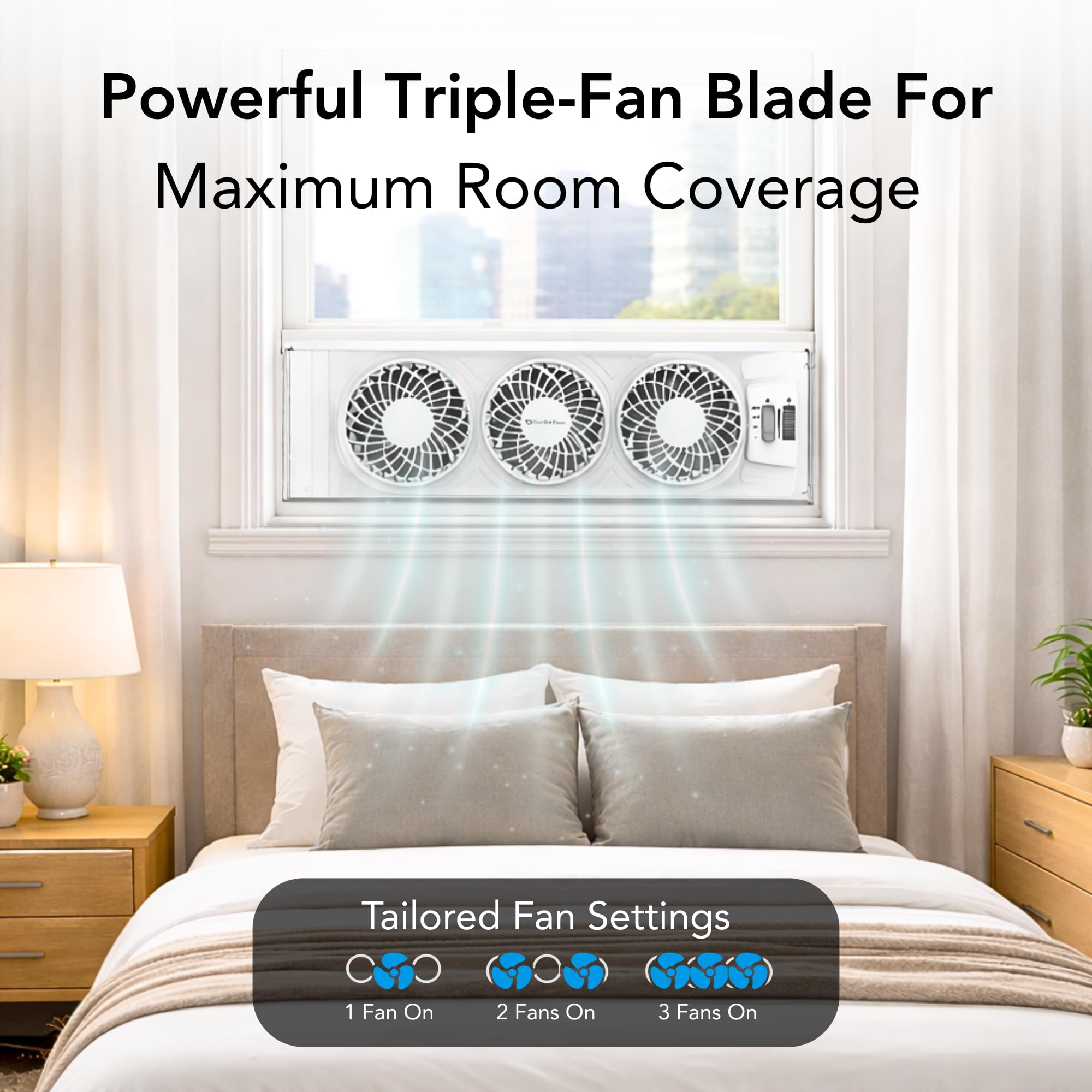 Comfort Zone triple window fan shows three independent fans for scalable cooling.