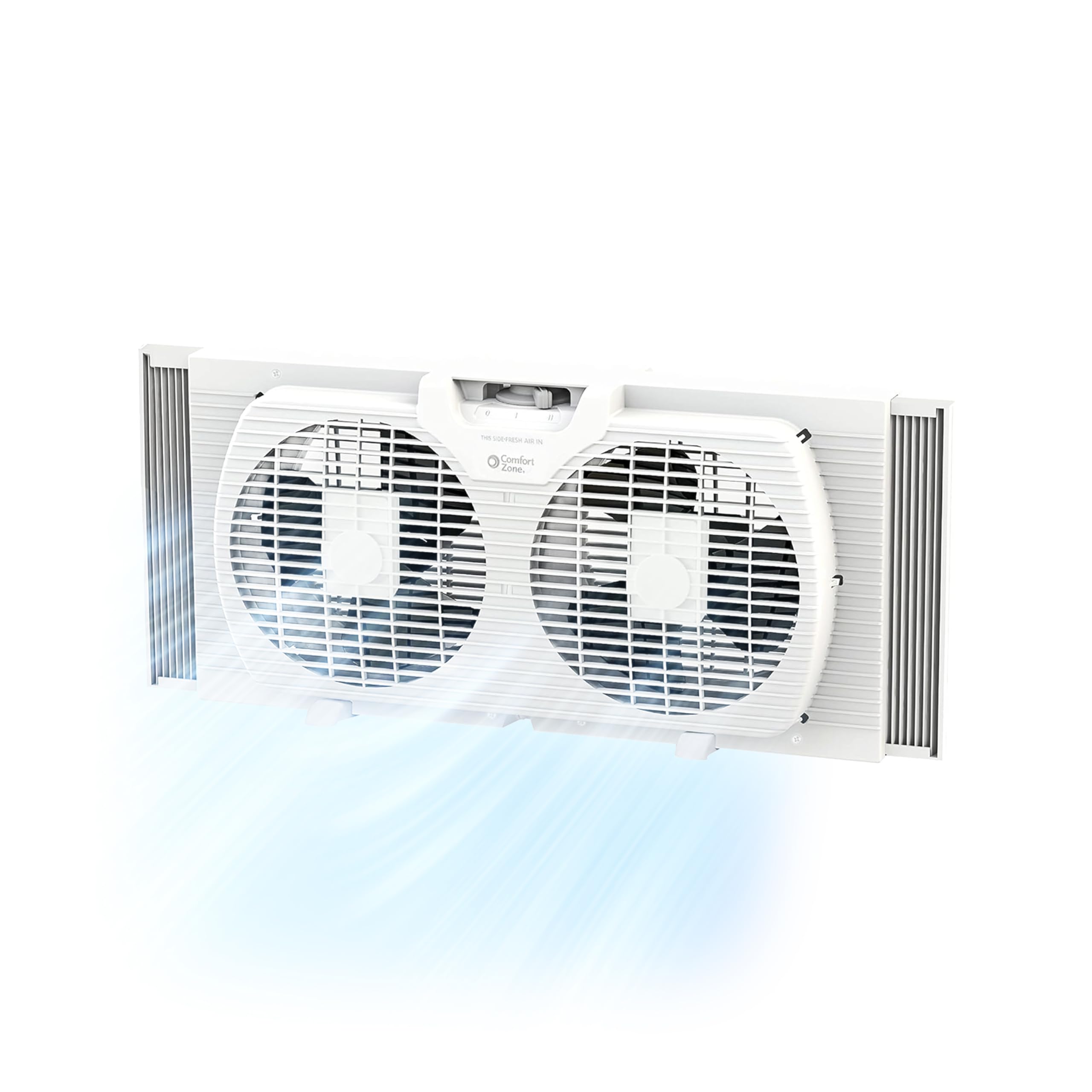 Comfort Zone twin window fan showing intake and exhaust functions for flexible airflow