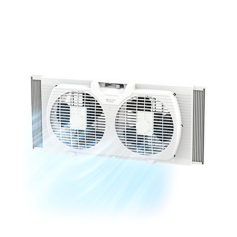 Comfort Zone twin window fan showing intake and exhaust functions for flexible airflow