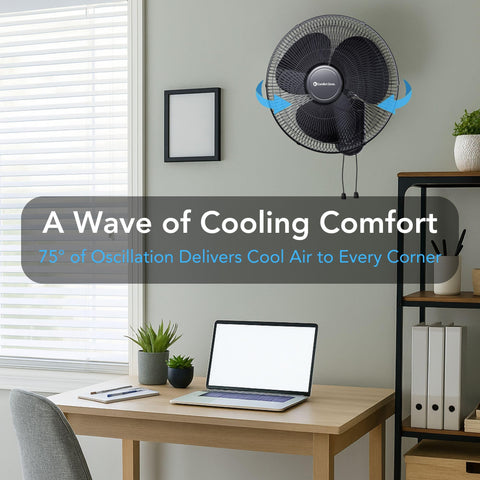 Comfort Zone wall-mount fan tilt directs airflow toward workspaces or plants