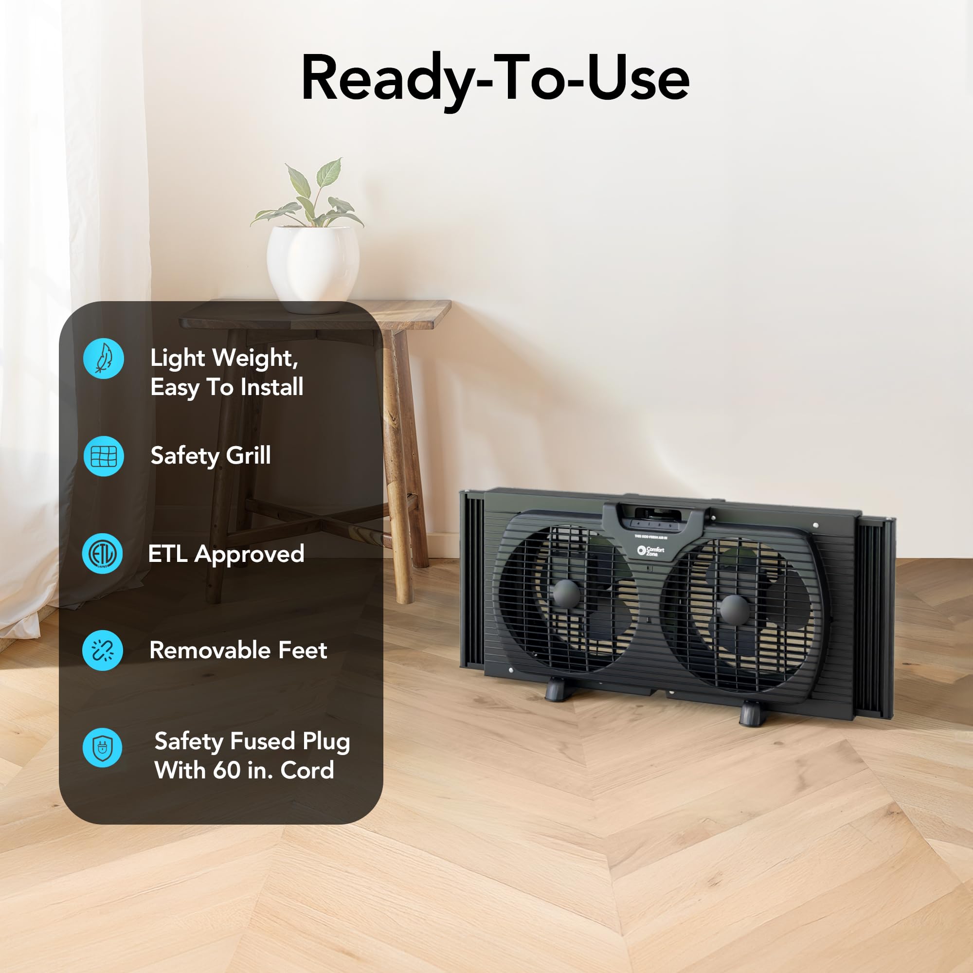 Comfort Zone 7-inch dual blades delivering a strong, consistent breeze