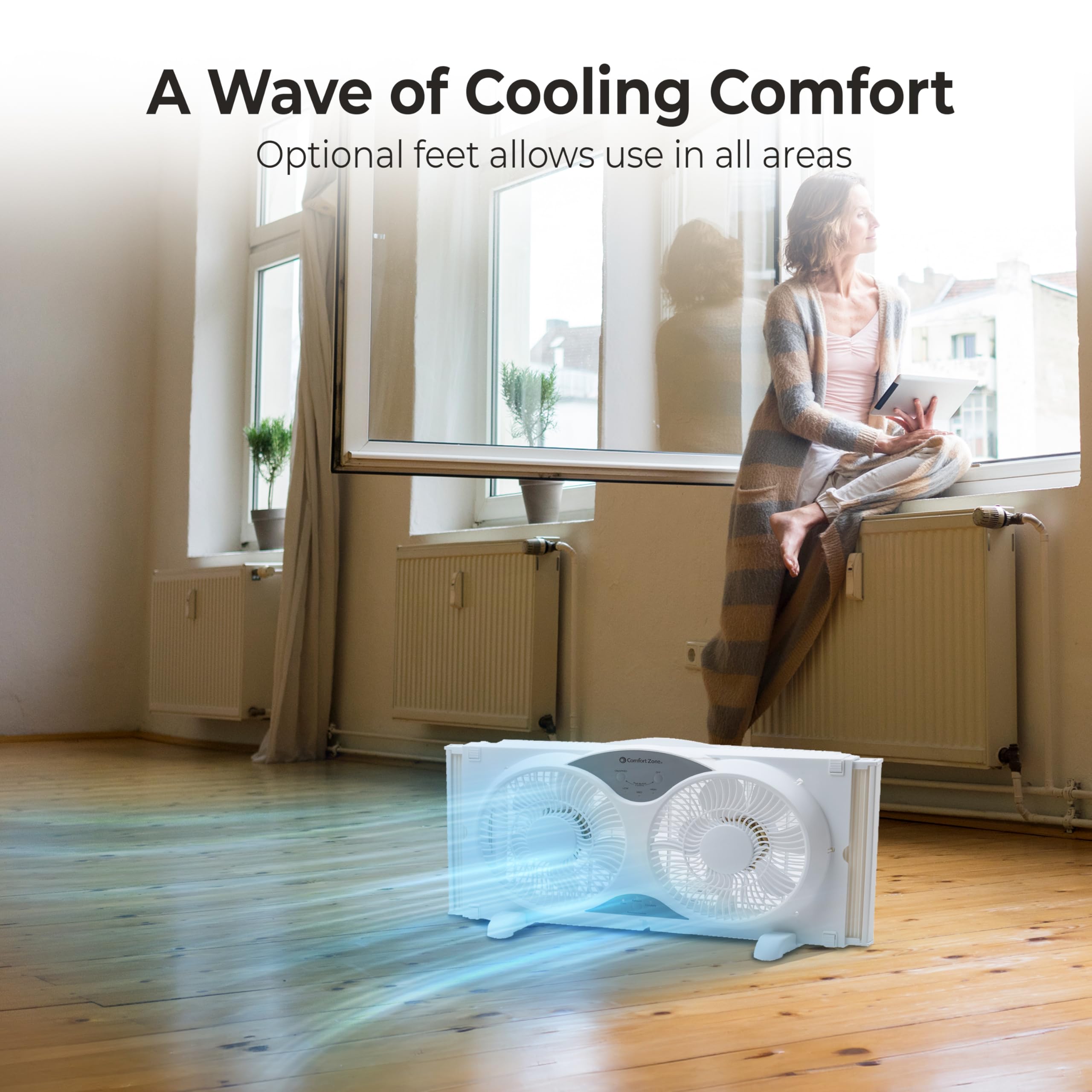 Comfort Zone dual fans close-up showing synchronized circulation.