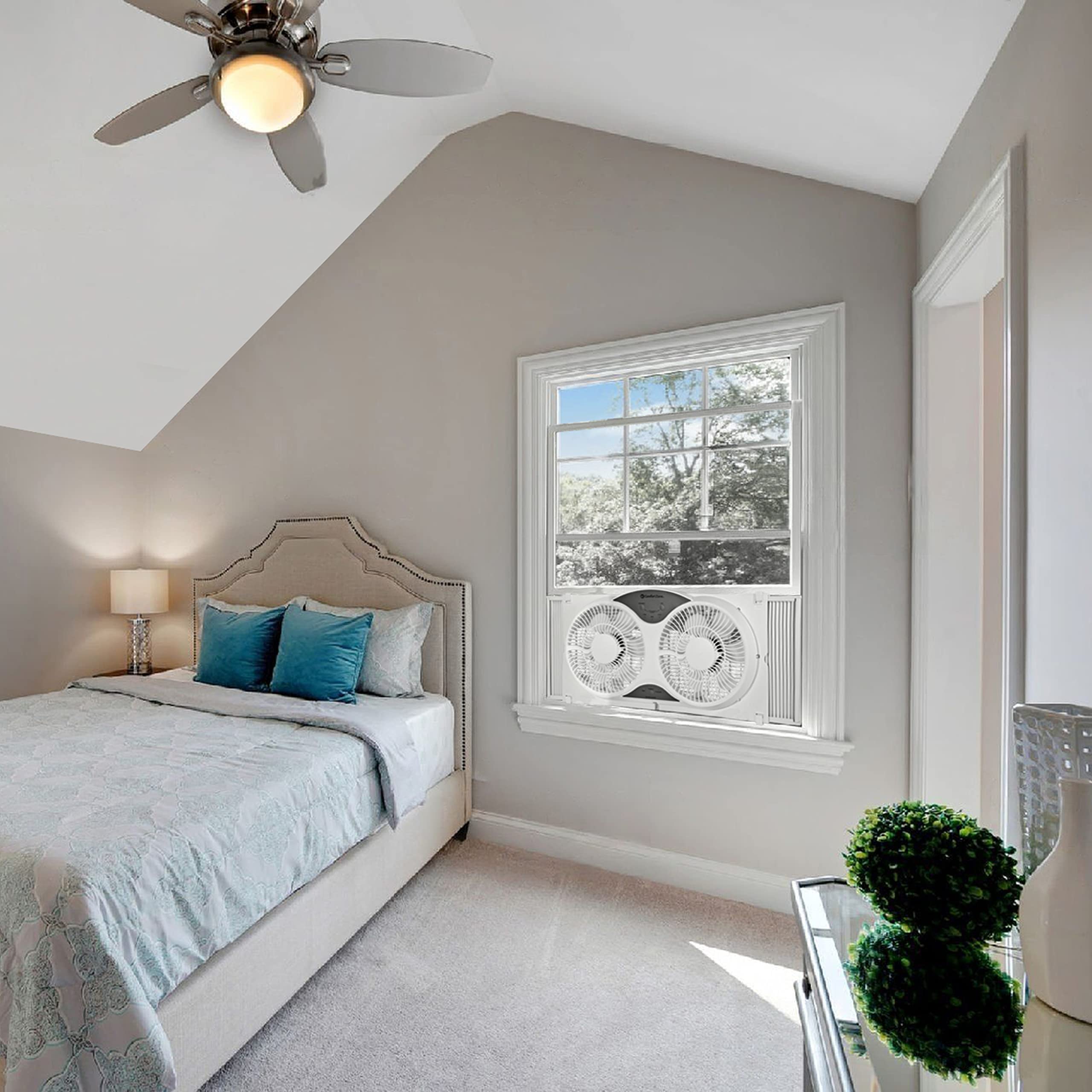 Comfort Zone window fan shows three modes: Cool Circulate Exhaust.